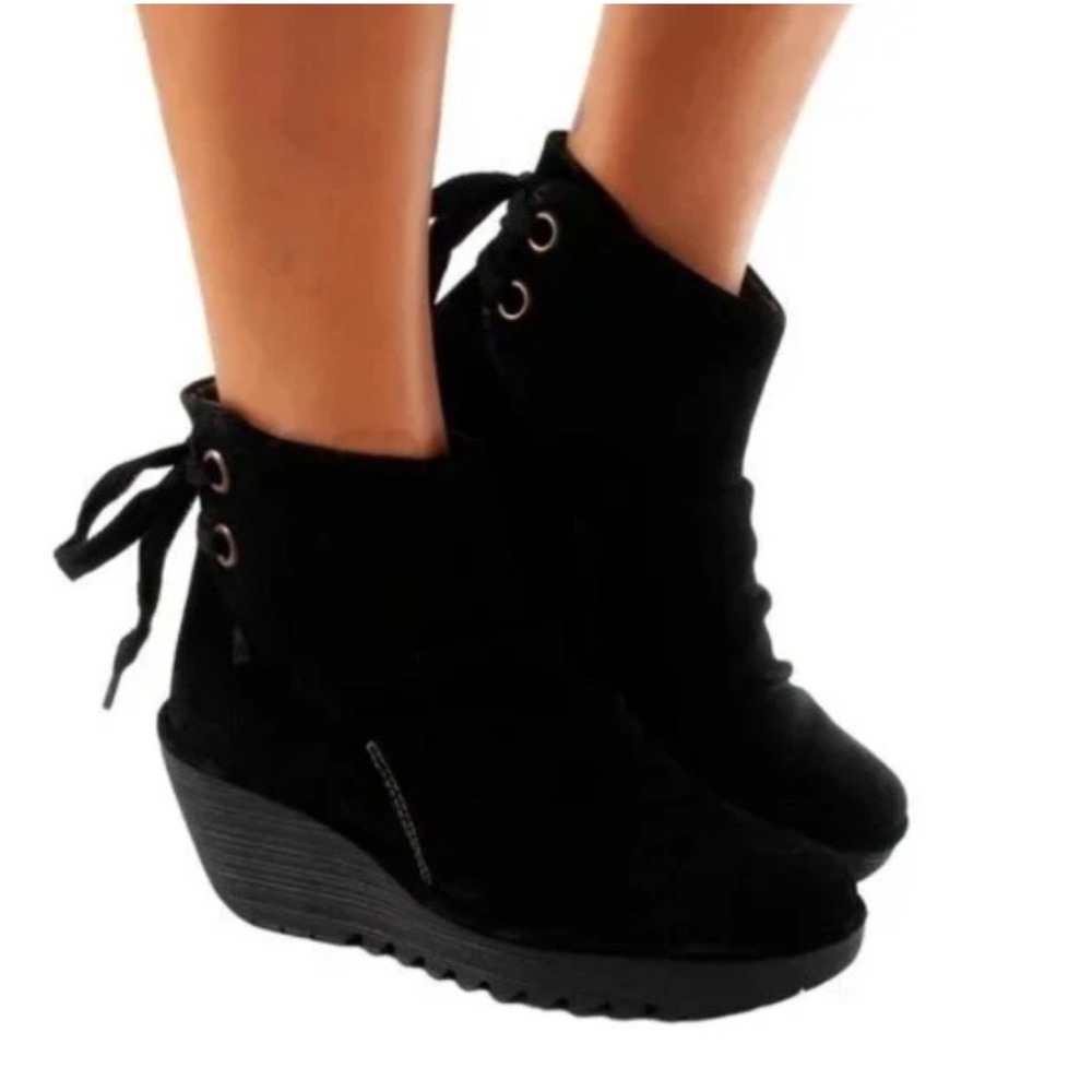 Fly London Yama Black Suede Wedge Heel Boots Size 38 Lace Back